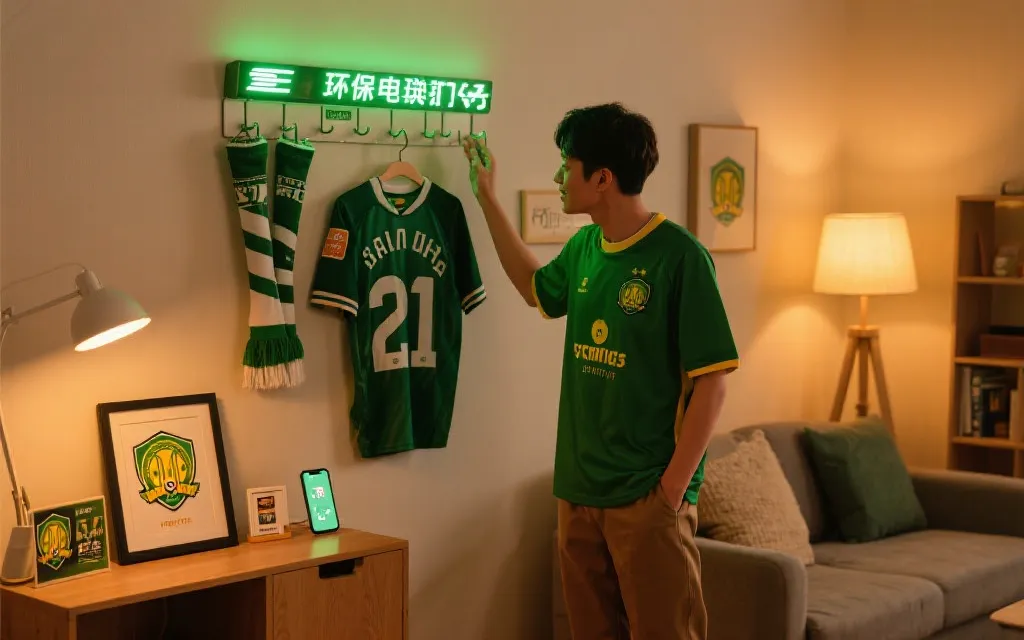 球迷在家中整理可持续周边：再生球衣、可充电应援灯、数字纪念品展示